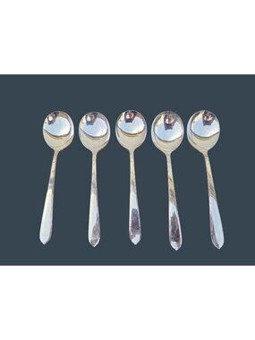 5 Berkley Square Silverplate Round Bowl Soup Spoons 7 1/4"